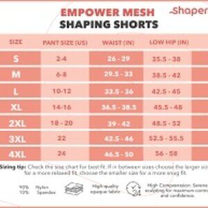 SHAPERMINT Empower Mesh Shaper SMesh Shaper Shorts Size Chart